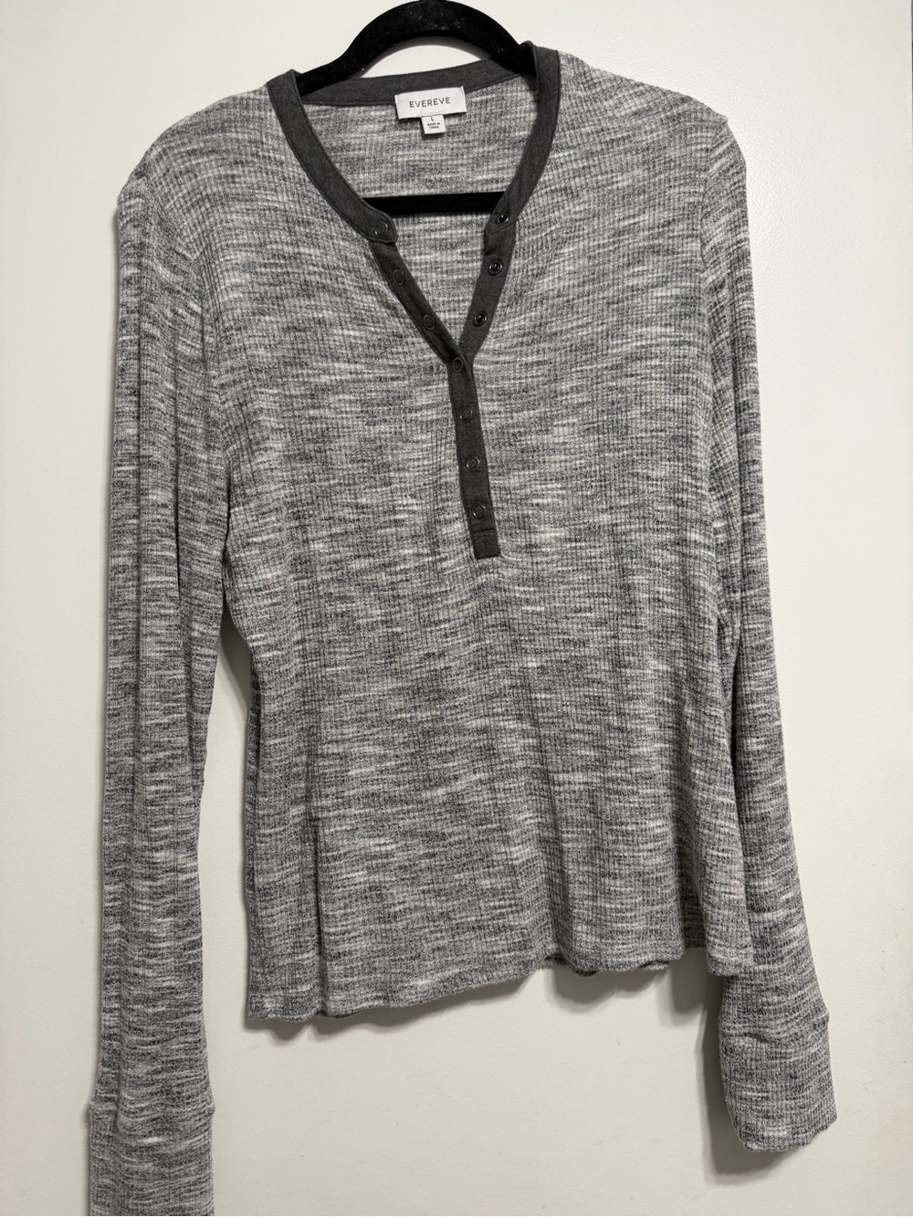 Evereve Gray Ribbed Henley with Dark-Trim Placket